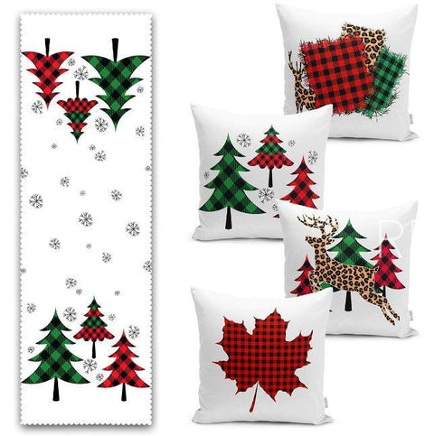 Set of 4 Christmas Pillow Covers and 1 Table Runner|Checkered Xmas Tree Home Decor|Cheetah Pattern Xmas Deer Pillow|Gray Snowflake Runner