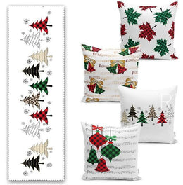 Set of 4 Christmas Pillow Covers and 1 Table Runner|Red Green Checkered Xmas Bell and Leaves Home Decor|Xmas Tree Pillow Case and Table Top