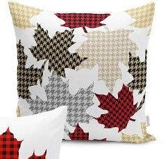 Set of 4 Christmas Pillow Covers and 1 Table Runner|Winter Trend Home Decor|Red, Gray, Beige Checkered Leaves Pillow Cover|Xmas Throw Pillow