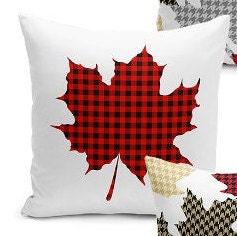 Set of 4 Christmas Pillow Covers and 1 Table Runner|Winter Trend Home Decor|Red, Gray, Beige Checkered Leaves Pillow Cover|Xmas Throw Pillow