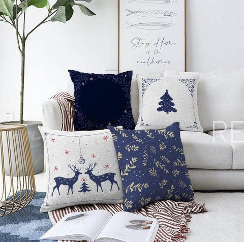 Blue White Christmas Pillow Cover Set with Deer Print – Akasia