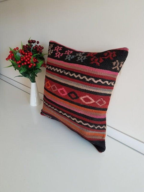 Vintage Kilim Pillow Cover|Turkish Kilim Pillow Cover|Antique Upholstery Throw Pillow Cover|Boho Bedding Decor|Handwoven Rug Cushion 16x16