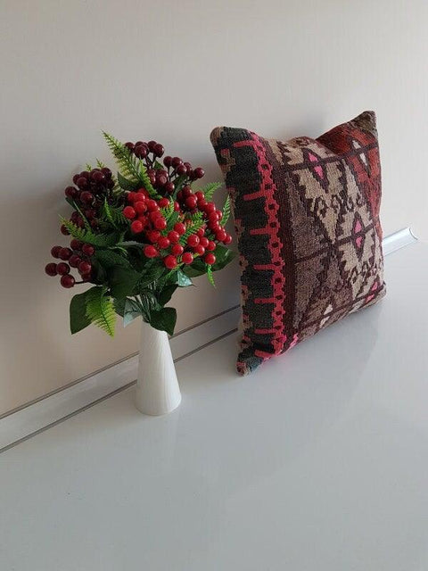 Vintage Kilim Pillow Cover|Turkish Kilim Pillow Cover|Traditional Soft Throw Pillow Cover|Boho Bedding Decor|Handwoven Rug Cushion 16x16