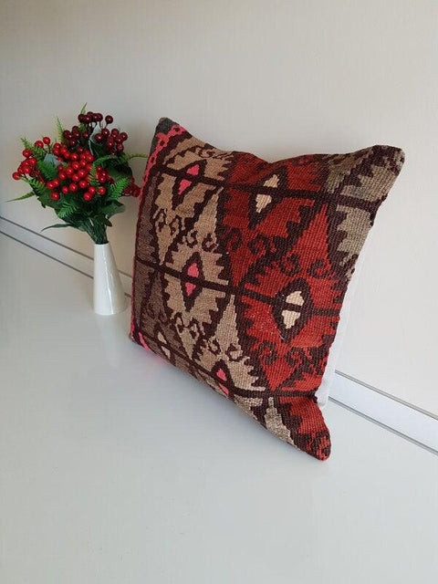 Vintage Kilim Pillow Cover|Turkish Kilim Pillow Cover|Traditional Soft Throw Pillow Cover|Boho Bedding Decor|Handwoven Rug Cushion 16x16