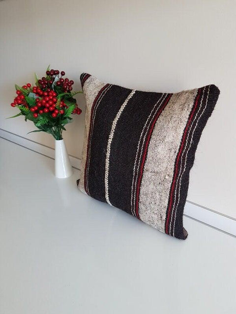 Vintage Kilim Pillow Cover|Turkish Kilim Pillow Cover|Striped Anatolian Throw Pillow Case|Ottoman Rug Pillow Top|Handwoven Rug Cushion 16x16