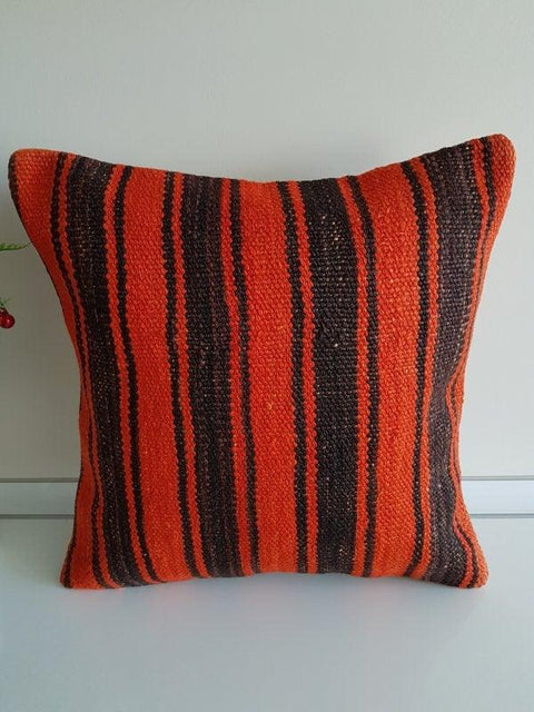 Vintage Kilim Pillow Cover|Turkish Kelim Cushion Cover with Stripes|Ethnic Anatolian Throw Pillow Top|Farmhouse Handwoven Rug Cushion 16x16