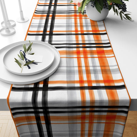 Fall Trend Table Runner|Orange White and Green Pumpkin Table Runner|Checkered Autumn Themed Home Decor|Farmhouse Style Striped Table Linen