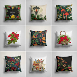 Winter Trend Pillow Cover|Christmas Pillow Cover|Xmas Bell Cushion|Floral Red Berry and Green Leaves Home Decor|Red Mushroom Pillow Cover