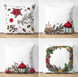 Set of 4 Christmas Pillow Covers|Floral Xmas Pillow Top|Winter Trend Cushion Case|Pine Cone and Lantern Throw Pillow|Red Poinsettia Cushion