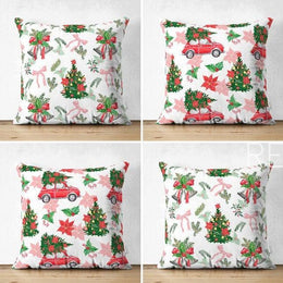 Set of 4 Christmas Pillow Covers|Red Car and Xmas Tree Pillow Case|Winter Trend Xmas Bell Cushion Cover|Red Poinsettia and Ornaments Pillow