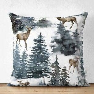 Set of 4 Winter Trend Pillow Covers|Xmas Deer and Pine Tree Home Decor|House under Snow Pillow Top|Christmas Pillow Cover|Xmas Throw Pillow