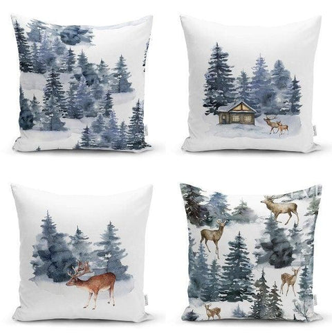 Set of 4 Winter Trend Pillow Covers|Xmas Deer and Pine Tree Home Decor|House under Snow Pillow Top|Christmas Pillow Cover|Xmas Throw Pillow