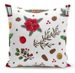Set of 4 Christmas Pillow Covers|Floral Xmas Pillow Top|Winter Trend Cushion Case|Pine Cone and Lantern Throw Pillow|Red Poinsettia Cushion