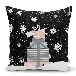 Set of 4 Christmas Pillow Covers|Xmas Gift Boxes Home Decor|White Snowflake on Black and Gray Background Pillow|Winter Trend Throw Pillow