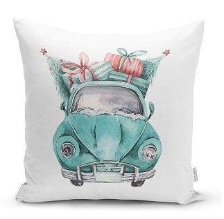 Set of 4 Christmas Pillow Covers|Red Turquoise White Pillow Case|Van with Decorated Xmas Tree Cushion Case|Car with Xmas Tree Cushion Cover