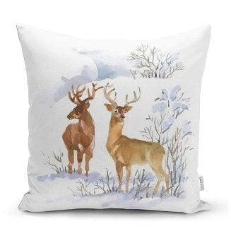 Set of 4 Winter Trend Pillow Covers|Xmas Deer and Pine Tree Home Decor|Houses and Snow Pillow Top|Christmas Pillow Cover|Xmas Throw Pillow