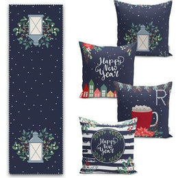 Set of 4 Christmas Pillow Covers and 1 Table Runner|Floral Happy New Year Home Decor|Lantern, Red Poinsettia and Berries Cushion and Runner