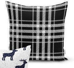 Set of 4 Christmas Pillow Covers and 1 Table Runner|Winter Trend Plaid Merry Christmas Home Decor|Black White Xmas Deer Runner and Cushion