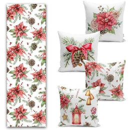 Set of 4 Christmas Pillow Covers and 1 Table Runner|Red Poinsettia, Pine Cone Home Decor|Lantern, Bell, Red Berries Pillow and Runner Set