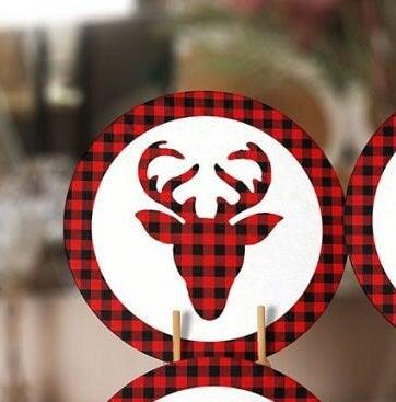 Christmas Placemat|Set of 6 Xmas Supla Table Mat|Buffalo Plaid Xmas Deer Round Dining Underplate|Buckhorn and Joy Print New Year Coaster Set