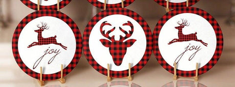 Christmas Placemat|Set of 6 Xmas Supla Table Mat|Buffalo Plaid Xmas Deer Round Dining Underplate|Buckhorn and Joy Print New Year Coaster Set