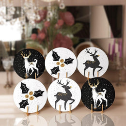 Christmas Placemat|Set of 6 Xmas Supla Table Mat|Floral White Gold Deer Round Dining Underplate|Gold Color Berry Print Winter Coaster Set