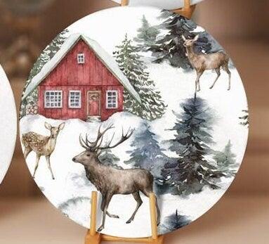 Winter Trend Placemat|Set of 4 Xmas Supla Table Mat|Snow, Deer and Pine Tree Print Round Dining Underplate|House and Snow Winter Coaster Set