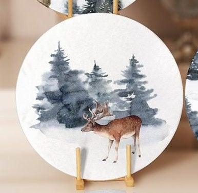 Winter Trend Placemat|Set of 4 Xmas Supla Table Mat|Snow, Pine Tree and Deer Print Round Dining Underplate|House under Snow Winter Coasters