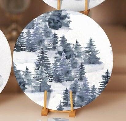 Winter Trend Placemat|Set of 4 Xmas Supla Table Mat|Snow, Pine Tree and Deer Print Round Dining Underplate|House under Snow Winter Coasters