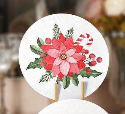 Christmas Placemat|Set of 4 Xmas Supla Table Mat|Red Poinsettia Round Dining Underplate|Floral Xmas Bell and Xmas Socks Winter Coasters Set