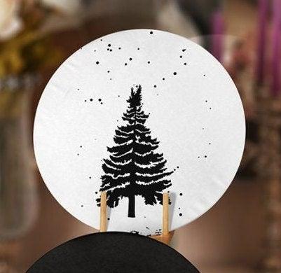 Christmas Placemat|Set of 4 Xmas Supla Table Mat|Black White Pine Tree Round Dining Underplate|Black White Pine Cone Print Winter Coasters