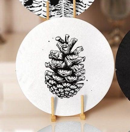 Christmas Placemat|Set of 4 Xmas Supla Table Mat|Black White Pine Tree Round Dining Underplate|Black White Pine Cone Print Winter Coasters