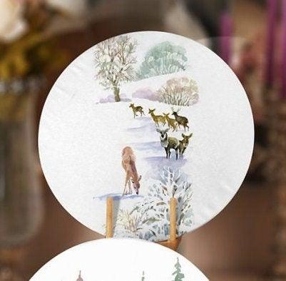 Winter Trend Placemat|Set of 4 Xmas Supla Table Mat|Snow, Deer and Pine Tree Print Round Dining Underplate|Snow House Winter Coaster Set