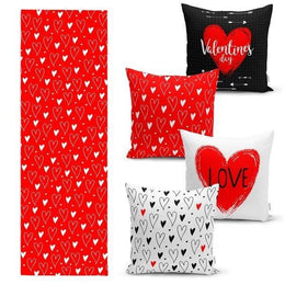 Set of 4 Valentine's Day Pillow Covers and 1 Table Runner|Red White Love Themed Home Decor|Heart Print Tablecloth and Cushion|Gift for Her