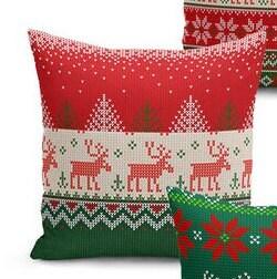 Set of 4 Christmas Pillow Covers and 1 Table Runner|Red Green White Snowflake, Xmas Deer and Xmas Tree Home Decor|Merry Xmas Runner and Case