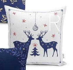 Set of 4 Christmas Pillow Covers and 1 Table Runner|Floral Blue White Xmas Deer and Xmas Tree Home Decor|Winter Trend Runner and Pillow Case