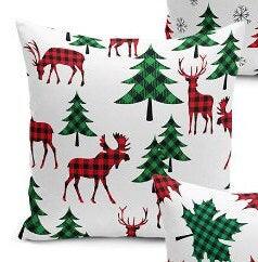 Set of 4 Christmas Pillow Covers and 1 Table Runner|Winter Trend Checkered Xmas Deer, Xmas Tree Home Decor|Checkered Leaves Runner, Pillow