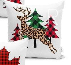 Set of 4 Christmas Pillow Covers and 1 Table Runner|Checkered Xmas Tree Home Decor|Cheetah Pattern Xmas Deer Pillow|Gray Snowflake Runner