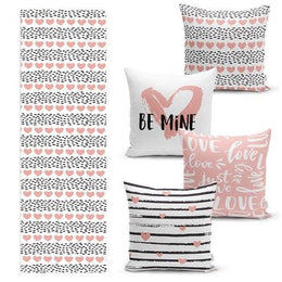Set of 4 Valentine's Day Pillow Covers and 1 Table Runner|Be Mine and Just Love Print Home Decor|Heart with Stripes Tablecloth and Cushion
