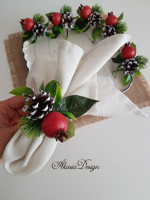 Christmas Napkin Rings|Winter Trend Pomegranate Napkin Ring|Xmas Jute Rope Napkin Holder|Winter Table Decor|Xmas Pinecones Tablecenterpiece
