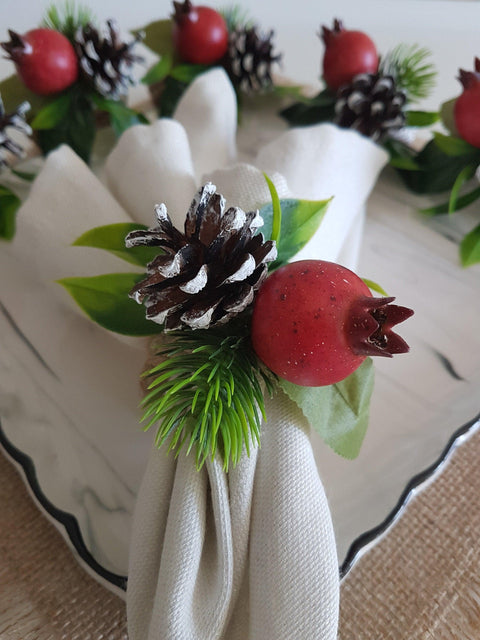 Christmas Napkin Rings|Winter Trend Pomegranate Napkin Ring|Xmas Jute Rope Napkin Holder|Winter Table Decor|Xmas Pinecones Tablecenterpiece