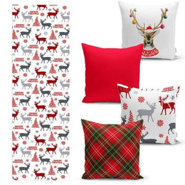 Set of 4 Christmas Pillow Covers and 1 Table Runner|Red Gray Xmas Deer Home Decor|Buckhorn, Plaid Cushion Case and Merry Christmas Runner