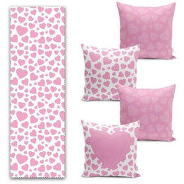Set of 4 Valentine's Day Pillow Covers and 1 Table Runner|Pink White Heart Print Home Decor|Love Collection Table Runner and Cushion Cover