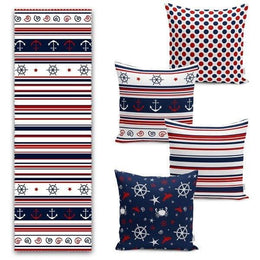 Set of 4 Nautical Pillow Covers and 1 Table Runner|Wheel Print Runner|Blue Red White Navy Anchor Cushion and Runner|Marine Throw Pillow Set