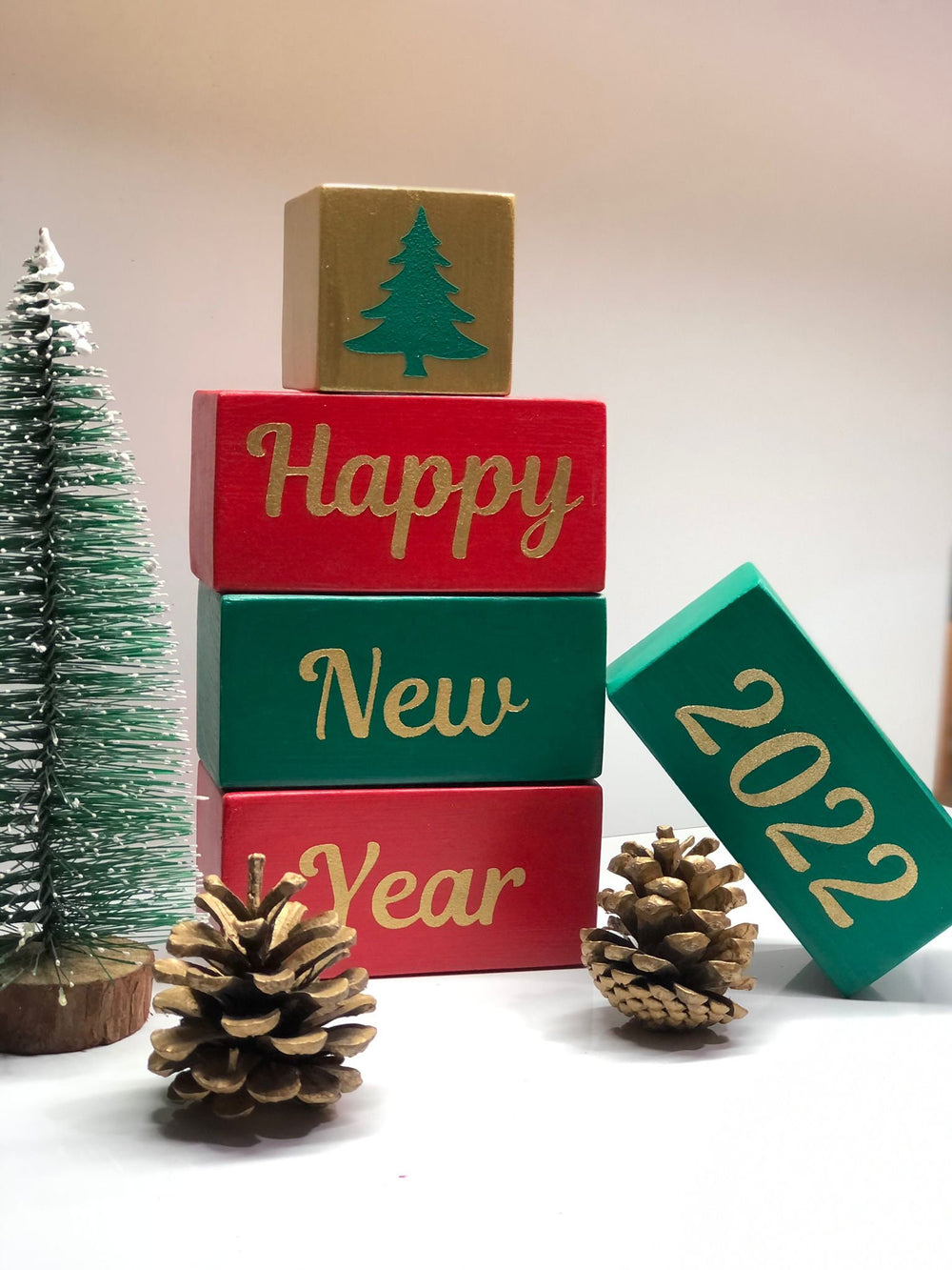 Set of 5 Custom Wooden Christmas Blocks|Hand Painted Happy New Year Blocks|Merry Christmas Sign|New Year's Eve Decor Gift|Xmas Shelf Sitter