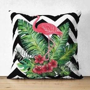 Set of 4 Tropical Plants Pillow Covers|Floral Pillow Cover|Green Leaves Pillow Case|Flamingo Print Outdoor Cushion Cover|Throw Pillow Case