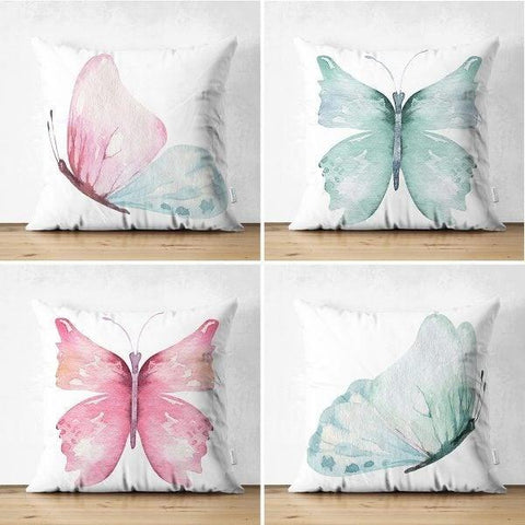 Set of 4 Butterfly Pillow Covers|Decorative Pillow Case|Blue Pink Butterfly Cushion Case|Outdoor Cushion Case|Housewarming Throw Pillow Case