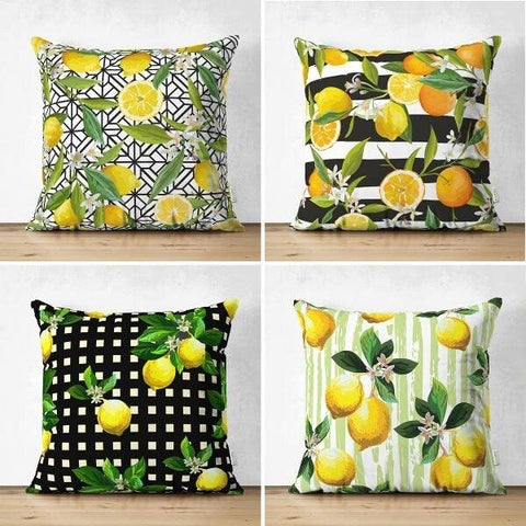 Set of 4 Floral Lemon Pillow Covers|Decorative Fresh Citrus Pillow Case|Yellow Lemon on Geometric Pattern Pillow Cover|Throw Pillow Case