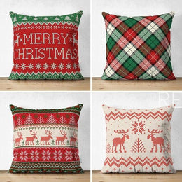 Set of 4 Christmas Pillow Covers|Merry Xmas Cushion Case|Xmas Deer, Xmas Tree and Snowflake Print Pillow Top|Plaid Winter Trend Pillow Sham