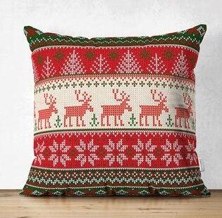 Set of 4 Christmas Pillow Covers|Merry Xmas Cushion Case|Xmas Deer, Xmas Tree and Snowflake Print Pillow Top|Plaid Winter Trend Pillow Sham